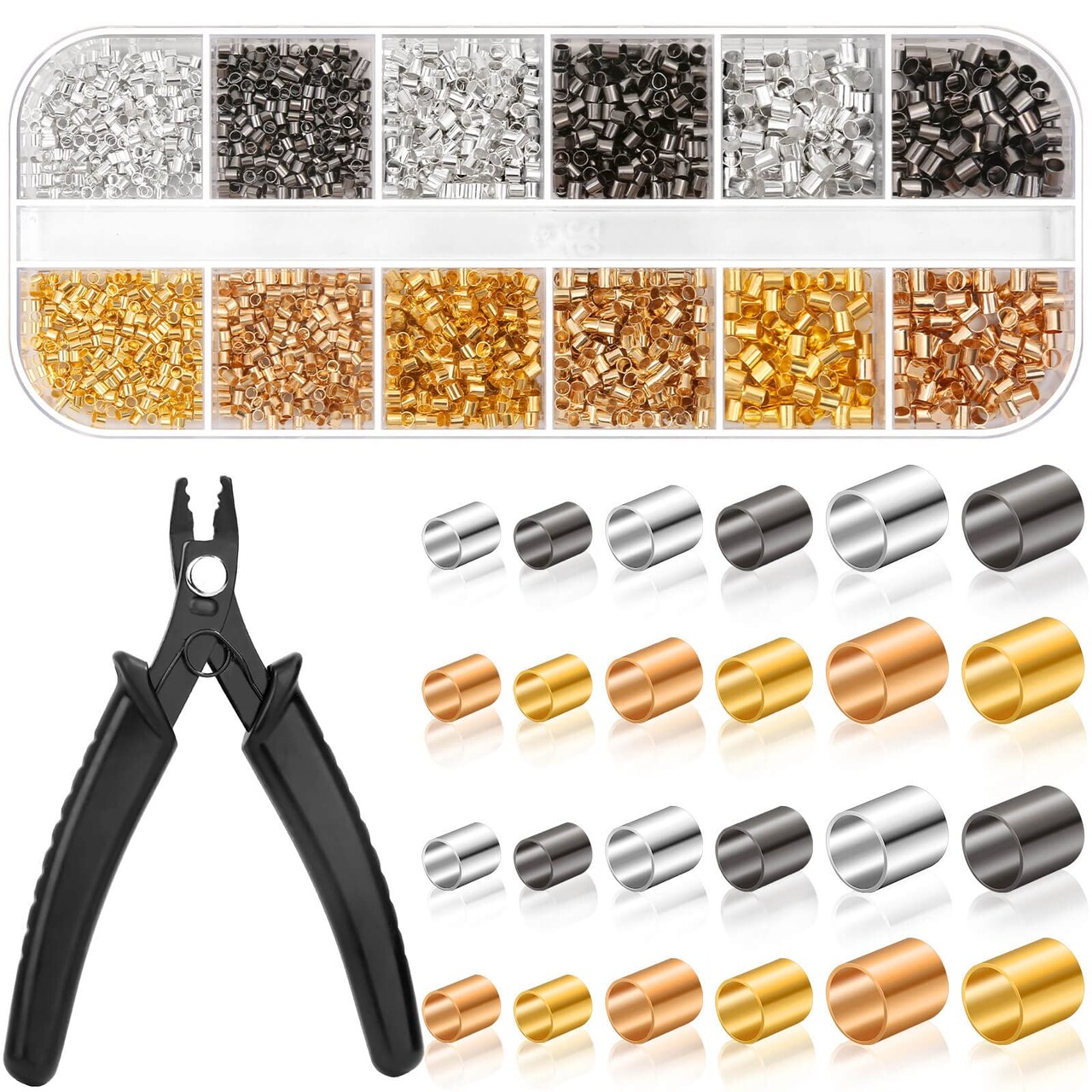 Thrilez Crimping Beads for Jewelry Making, 2200 Pieces Crimp Tubes with Crimping  Pliers for Earring Necklace Bracelet DIY Jewelry Making(3 Sizes, 4 Colors)